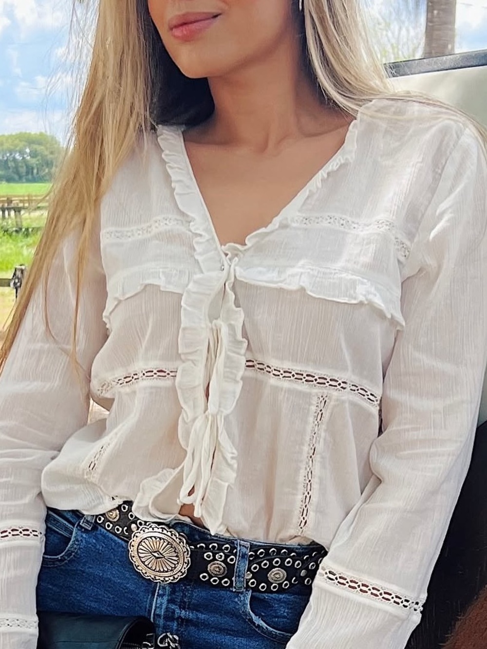 Zara Cream Ruffle Tie-Front Lace-Inset Blouse